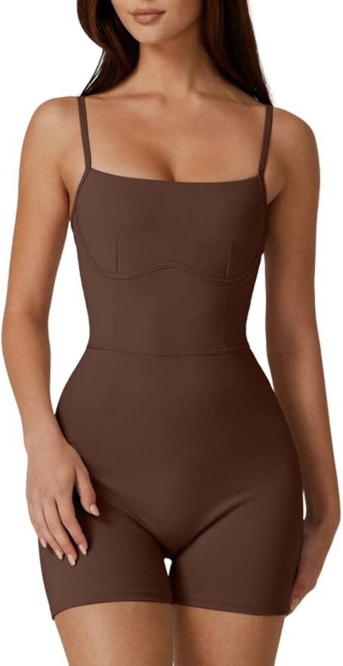 Sleeveless Loungewear Spaghetti Strap Short Length Jumpsuit Romper Brown S